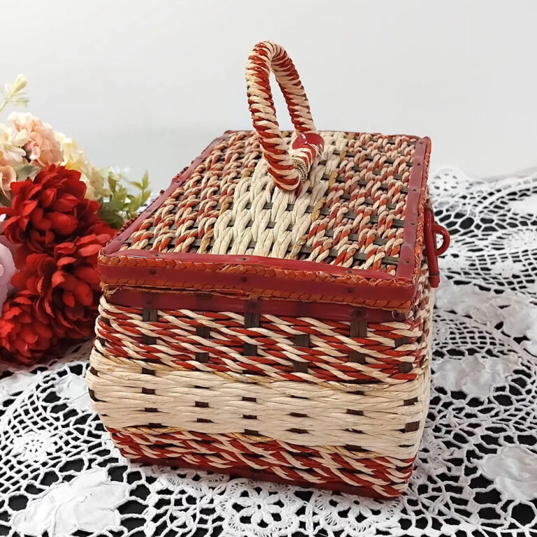 1970s red and gold woven rattan sewing basket