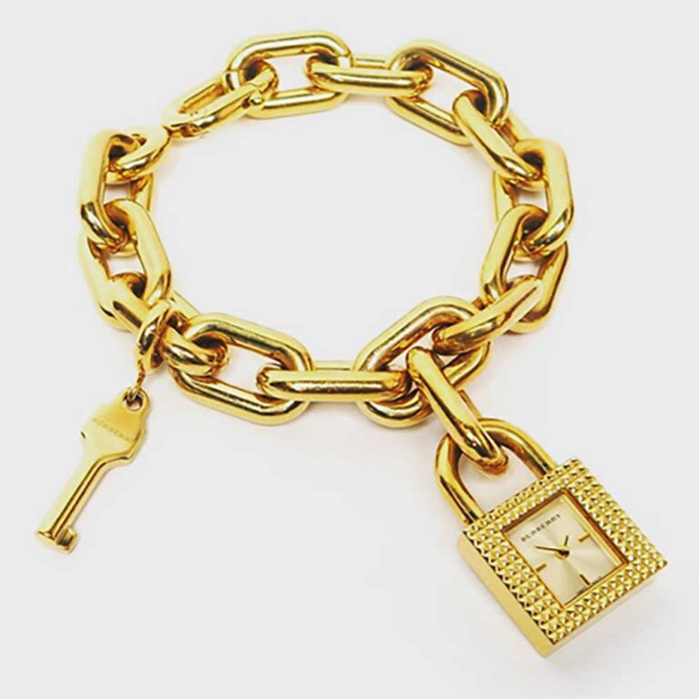 A Burberry Gold Tone Lock & Key Chain Link Ladies' Wrist Watch, Signed