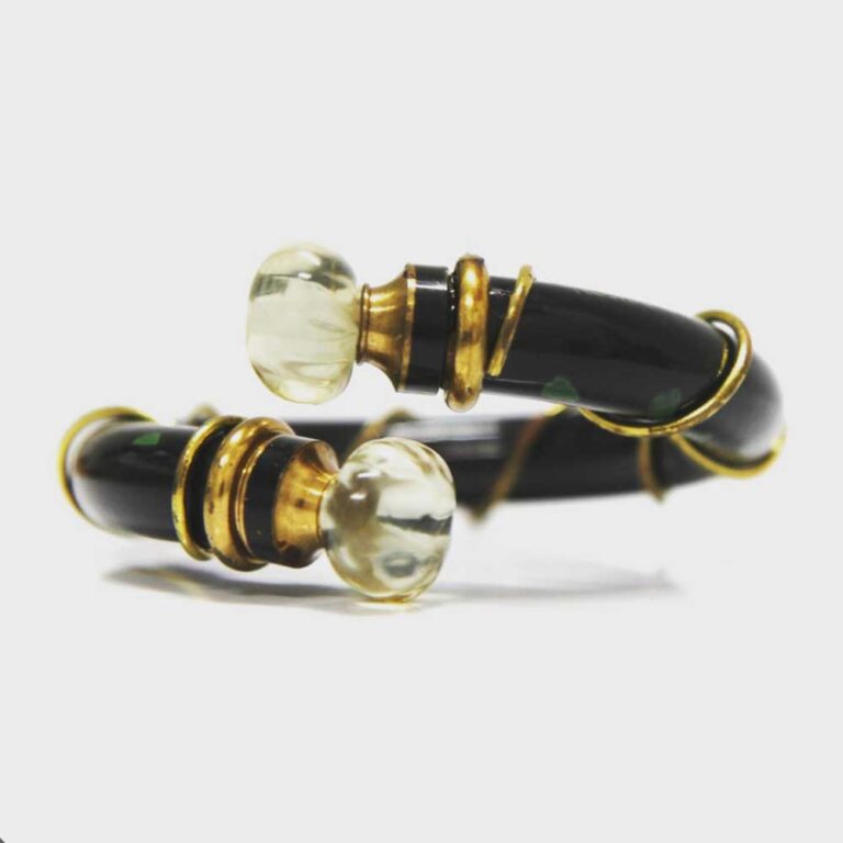Christian Dior: Rare 1985 Poison Refillable Perfume Bracelet, Black Bakelite with Speckled Green Accents, Gold Tone Woven Detail, Glass Stopper with Twist Closure