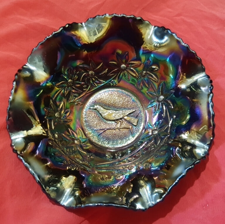 Crown Crystal amethyst carnival glass Magpie nappy bowl