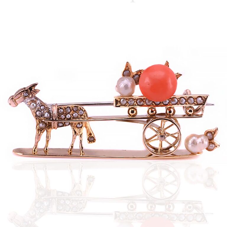 Antique gold and seed pearl brooch, donkey and cart
