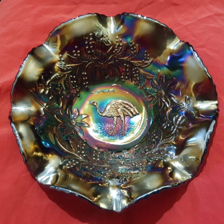 Crown Crystal amethyst carnival glass Emu nappy bowl