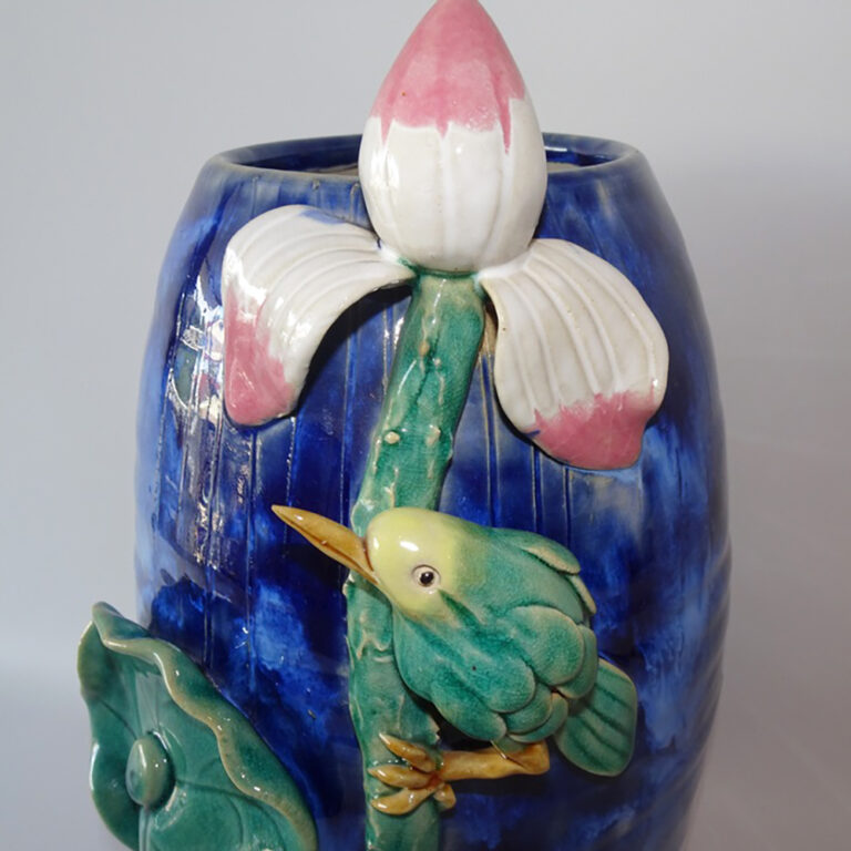 Chinese Shiwan pottery vase with bird and lotus