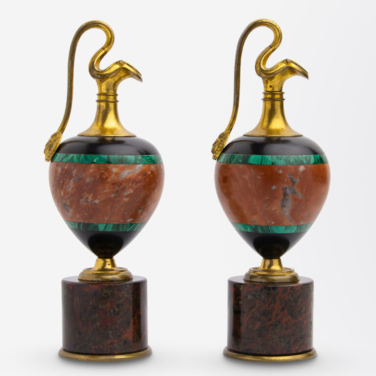 Pair of miniature Grand Tour ewers In ormolu, onyx, malachite and hardstone