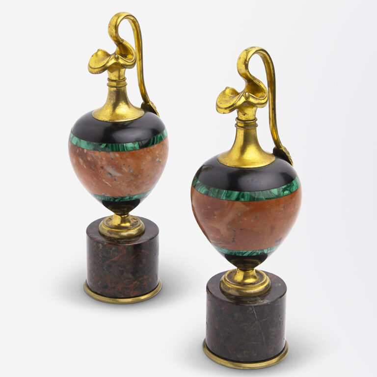 Pair of miniature Grand Tour ewers In ormolu, onyx, malachite and hardstone