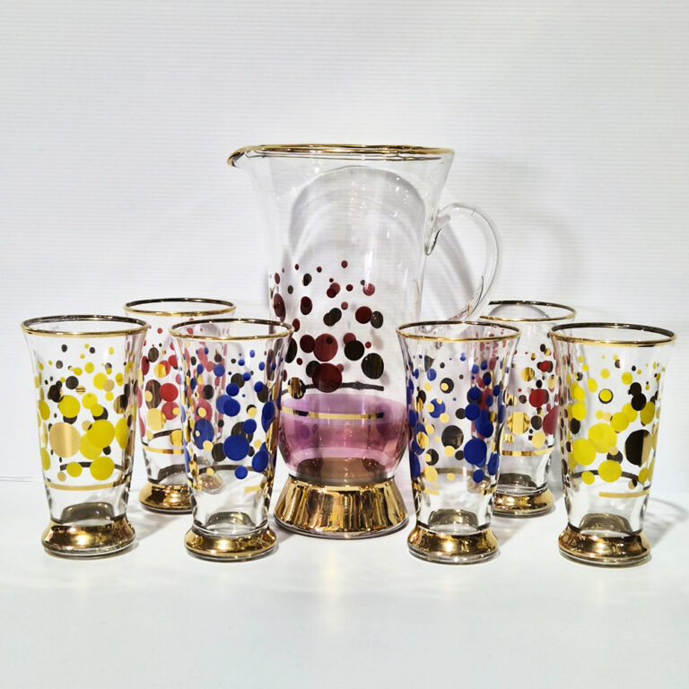 Vintage glass jug set with spotted decoration and gold highlights