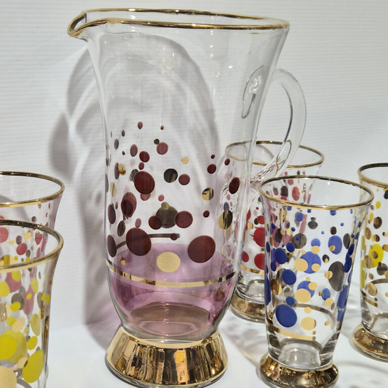 Vintage glass jug set with spotted decoration and gold highlights