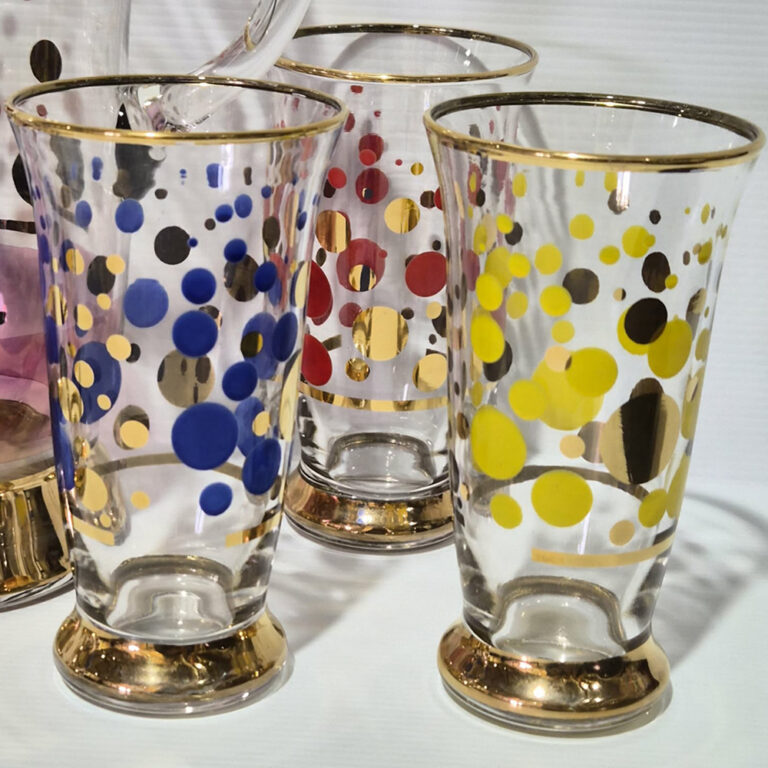 Vintage glass jug set with spotted decoration and gold highlights