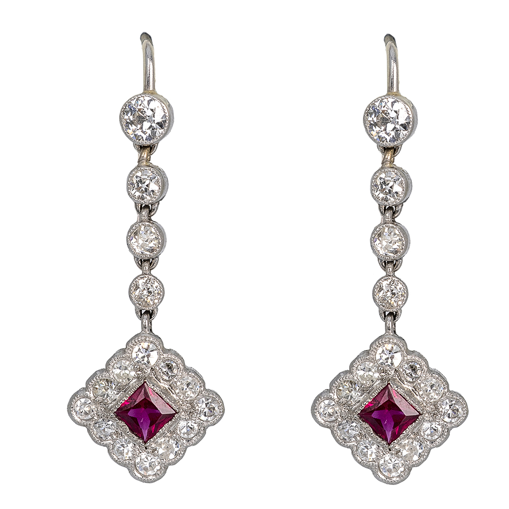Art Deco earrings in platinum, ruby and diamond