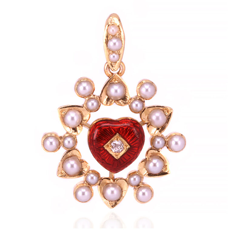 Antique pendant of guilloché enamel, diamond and pearls