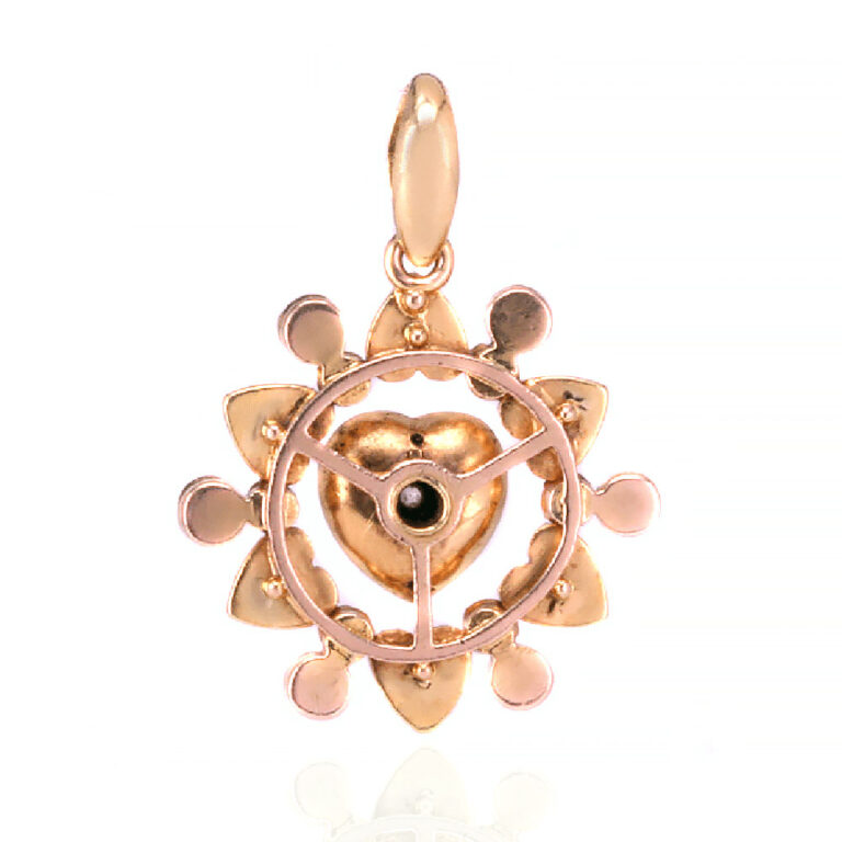 Antique pendant of guilloché enamel, diamond and pearls