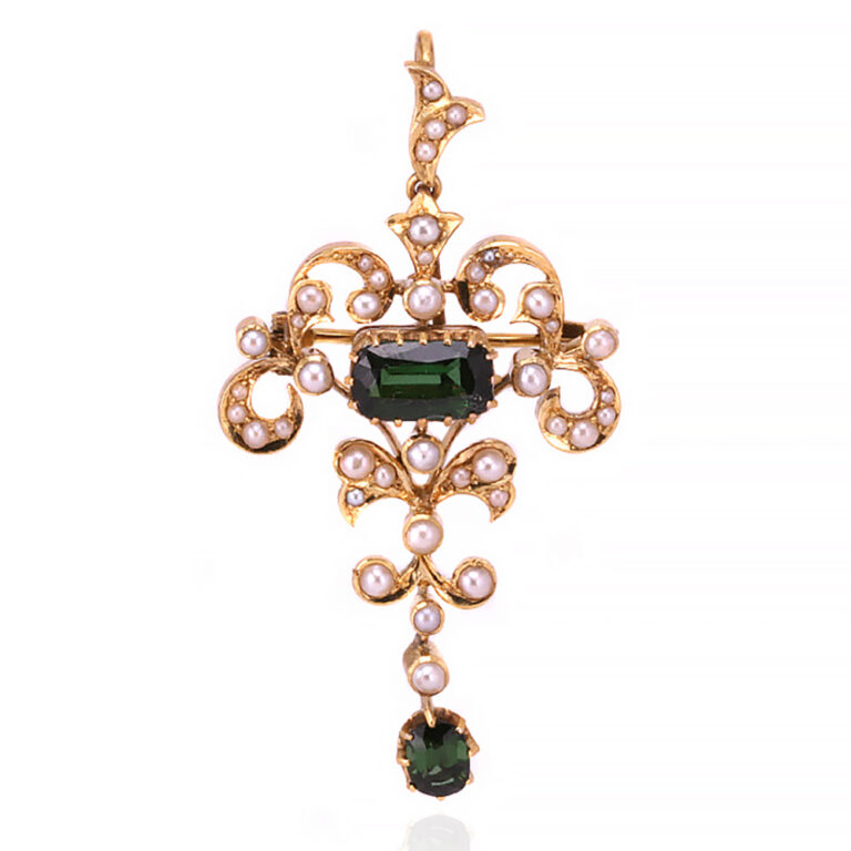 Tourmaline and pearl pendant brooch c.1900