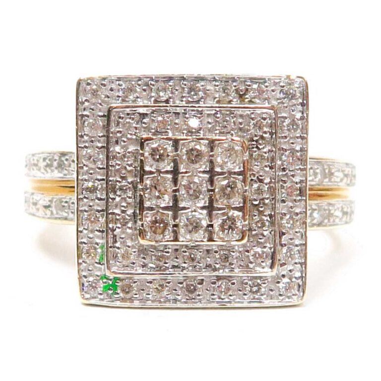 A 9ct Yellow Gold Diamond Pave Tiered Square Ring with White Gold Setting Details