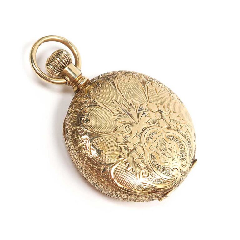 Antique Elgin 14ct yellow gold ladies' full hunter pocket watch with decorative engraving featuring floral motifs & pastoral scene
