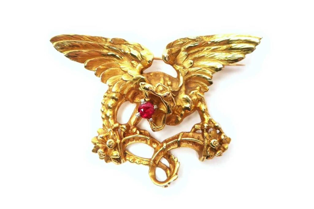 An Impressive French Antique 18ct Yellow Gold & Ruby Griffin Dragon Brooch/Pendant with Removable Pin Back