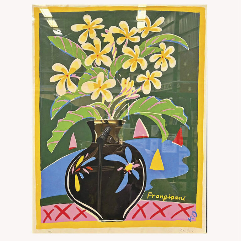 Signed and numbered Ken Done screen print, Frangipani c.1980s