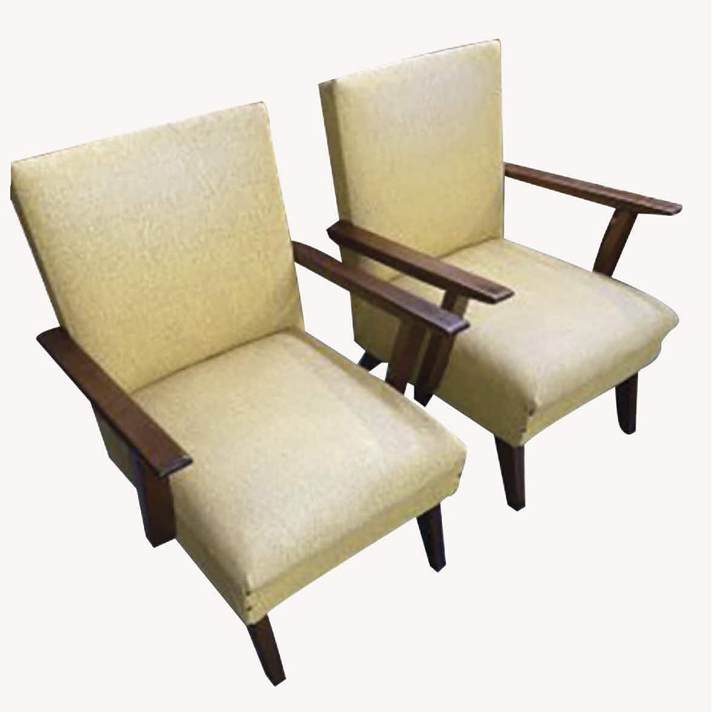 Pair mid century armchairs with their original vinyl upholstery