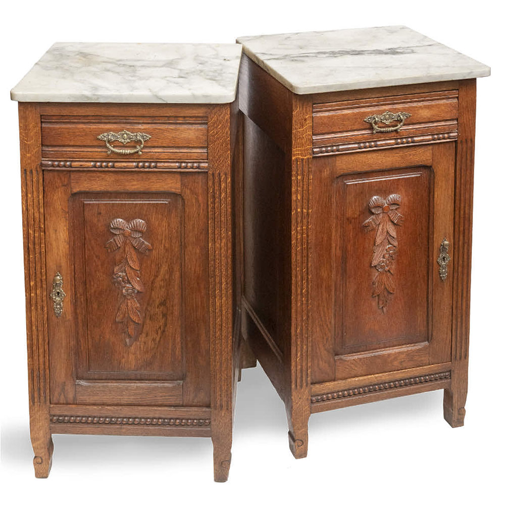 Pair French oak marble topped bedside cabinets