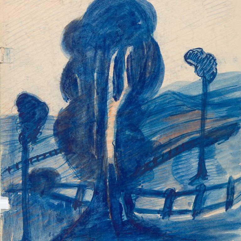 Merric Boyd, Trees and post-and-rail fence (detail), date unknown, pencil and coloured pencil on paper. Bundanon Collection. Photo: Rob Little.