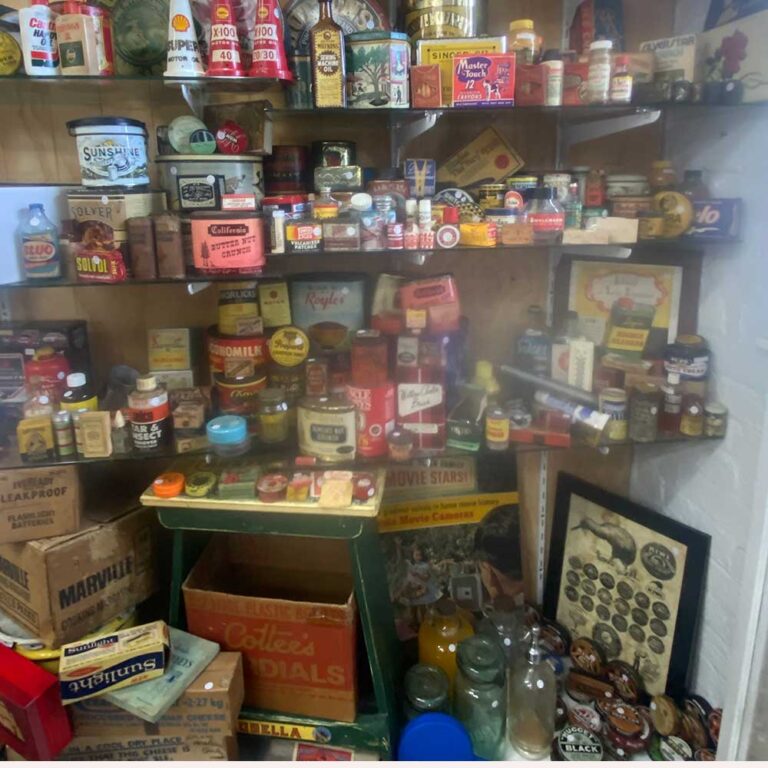Advertising memorabilia, old tins, petroliana at Robinsons Ordinance, Morpeth, NSW