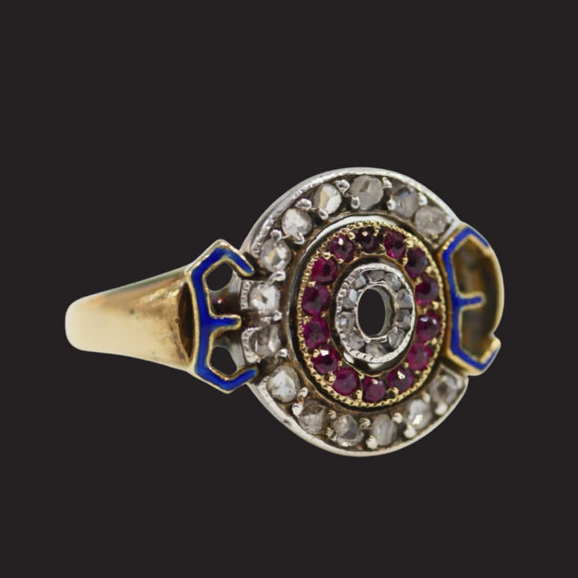 Edwardian 14ct gold with silver, diamond, ruby and enamel ring with the word ‘Cooee’ engraved inside the band