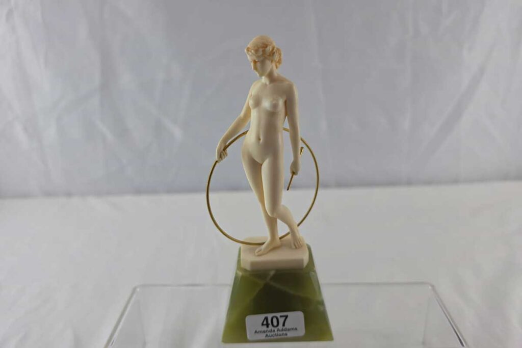 Ferdinand Preiss (Germany 1882-1943) "Hoop Girl" ivory gilt brass and green onyx sculpture, with base label, provenance W. Haebler Interlaken Switzerland 1970, 17 x 7 cm
