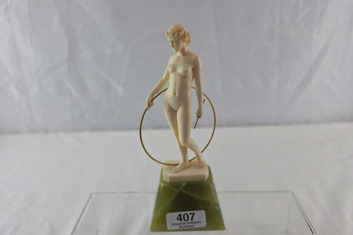 Ferdinand Preiss (Germany 1882-1943) "Hoop Girl" ivory gilt brass and green onyx sculpture, with base label, provenance W. Haebler Interlaken Switzerland 1970, 17 x 7 cm