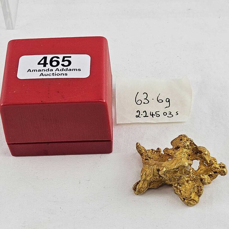 Gold nugget, 40 x 35 mm, weight 63.4 grams $13,000 to $16,000 at Amanda Addams August Auction