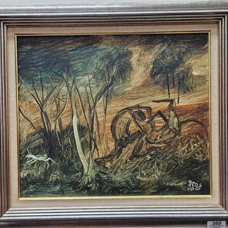 Kevin Pro Hart (Australian 1928-2006) "Fighting Kangaroo" circa 1970 oil on board signed lower right, 30 x 35.5 cm estimate $2000-3000 at Amanda Addams August Auction