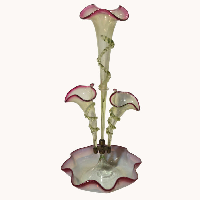 A lovely Victorian uranium glass three stem epergne with applied frills