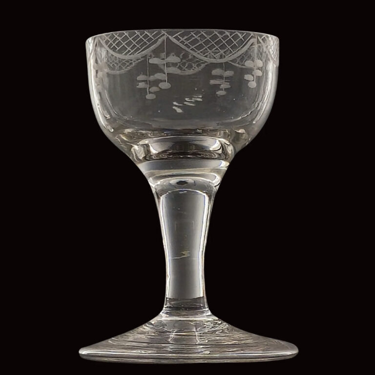 English antique wine glass with engraving, c.1760