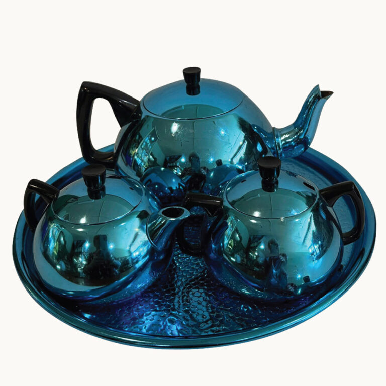 By Glamware Australia, a lovely blue three piece retro anodised teaset with its original tray