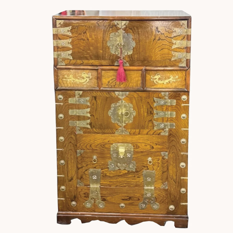 antique Korean cabinet brass mounted elmwood with dragon motif hardware