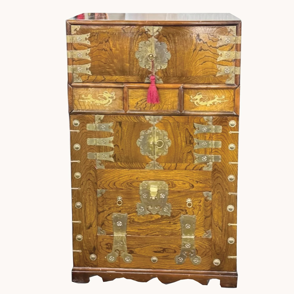 antique Korean cabinet brass mounted elmwood with dragon motif hardware
