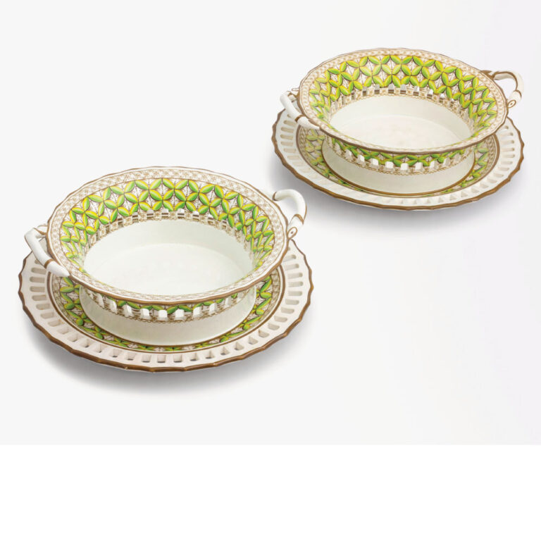 Pair of Spode porcelain chestnut baskets and under plates