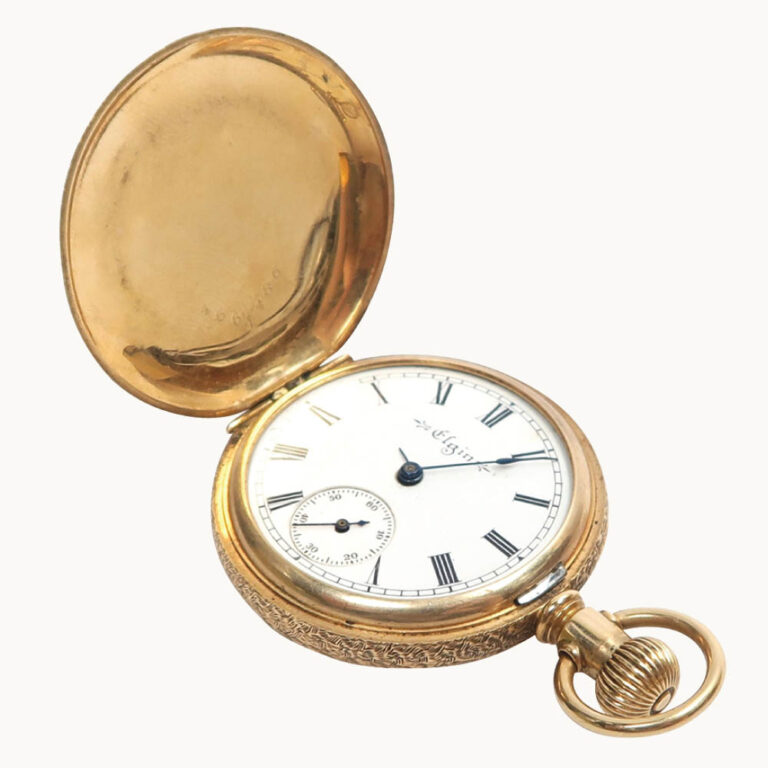 Elgin 14ct yellow gold ladies' full hunter pocket watch with decorative engraving.
