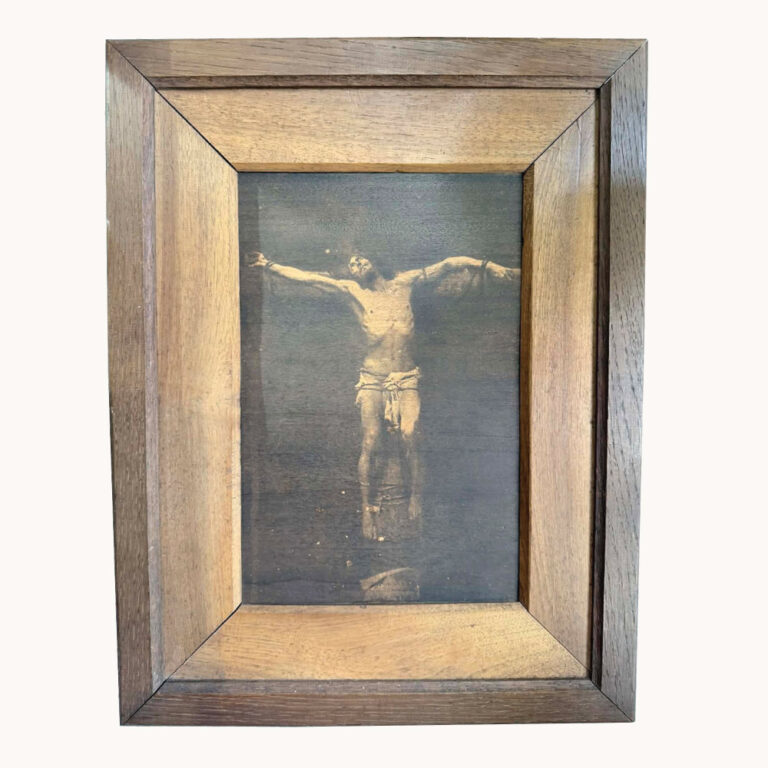 Antique French crucifixion scene etched on timber