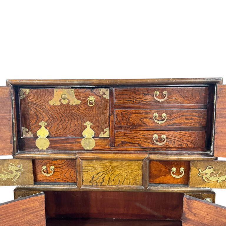 antique Korean cabinet brass mounted elmwood with dragon motif hardware
