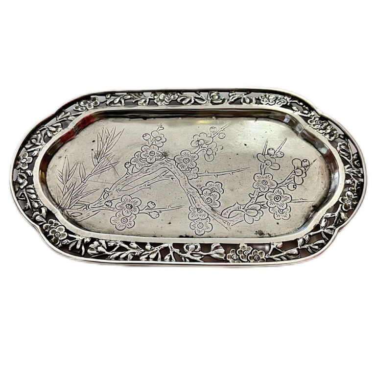 Chinese export silver trinket dish with pierced and engraved design of plum blossoms