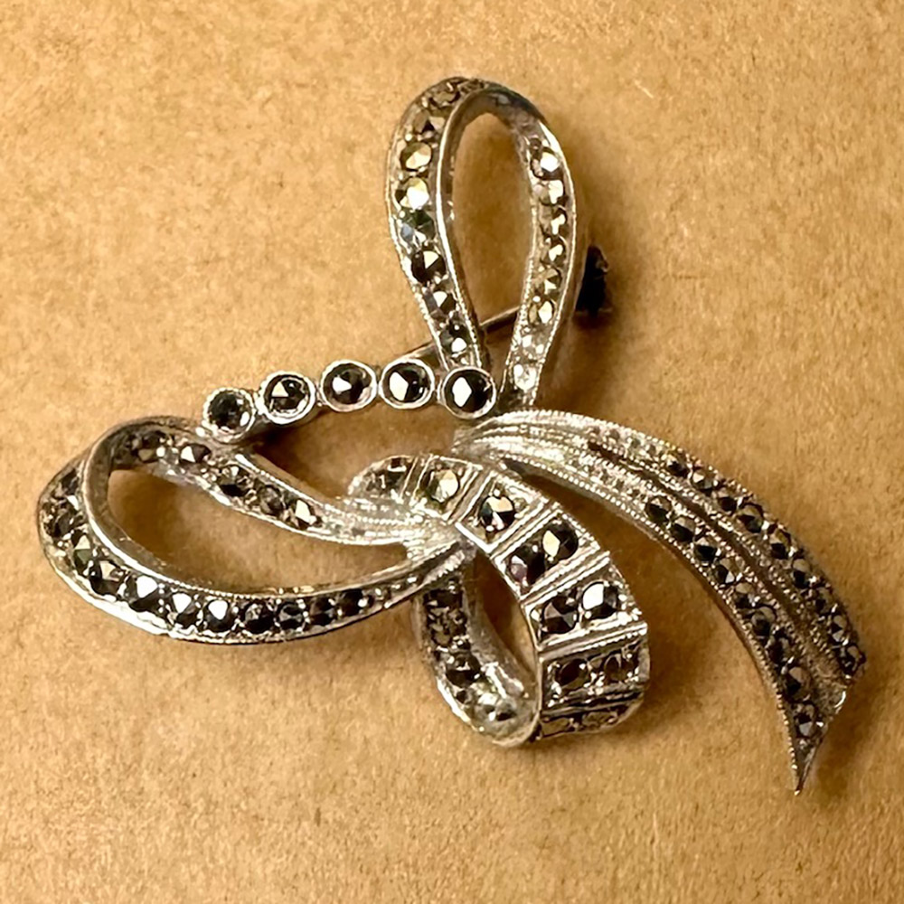 sterling silver and marcasite vintage brooch in the shape of a bow