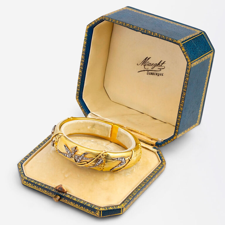 antique French gold and diamond bangle rendered to mimic a piece of bamboo