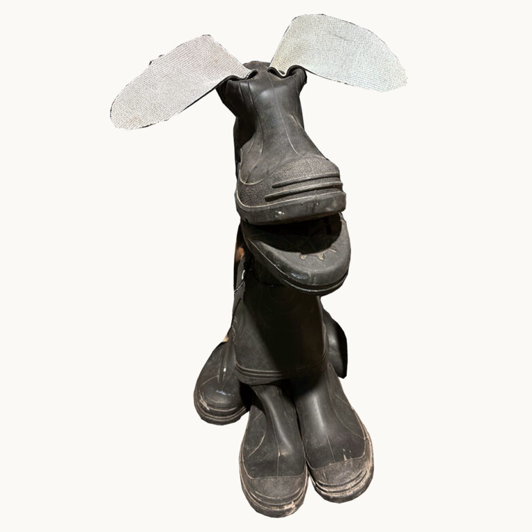 Gumboot dog sculpture hand made using reclaimed gumboots and recycled timber framework