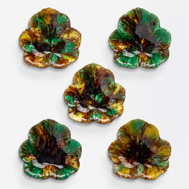 Set of five majolica Wedgwood plates In the form of leaves