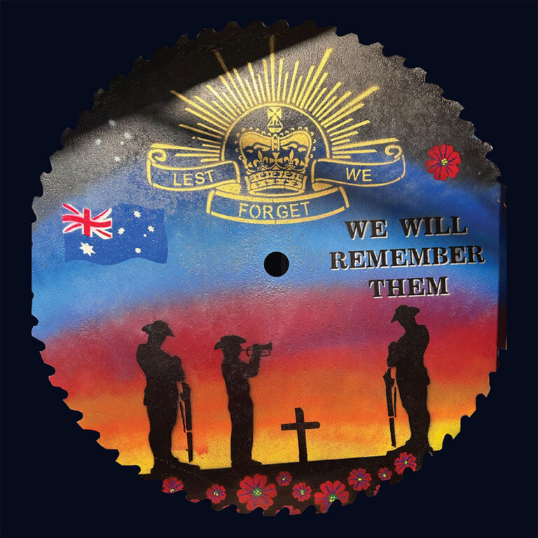 Handmade remembrance saw blade art created from reclaimed saw blades