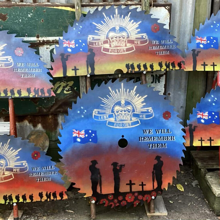 Handmade remembrance saw blade art created from reclaimed saw blades