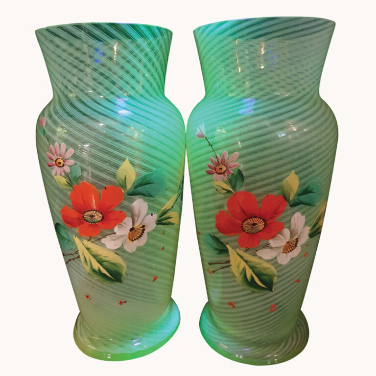 pair of Vaseline uranium glass vases with delicate enamel decoration