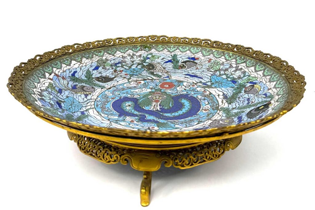 Attributed to Ferdinand Barbedienne, Champlevé Cloisonne Dragon Charger in Gilt Metal Trifooted Mount, 19th Century