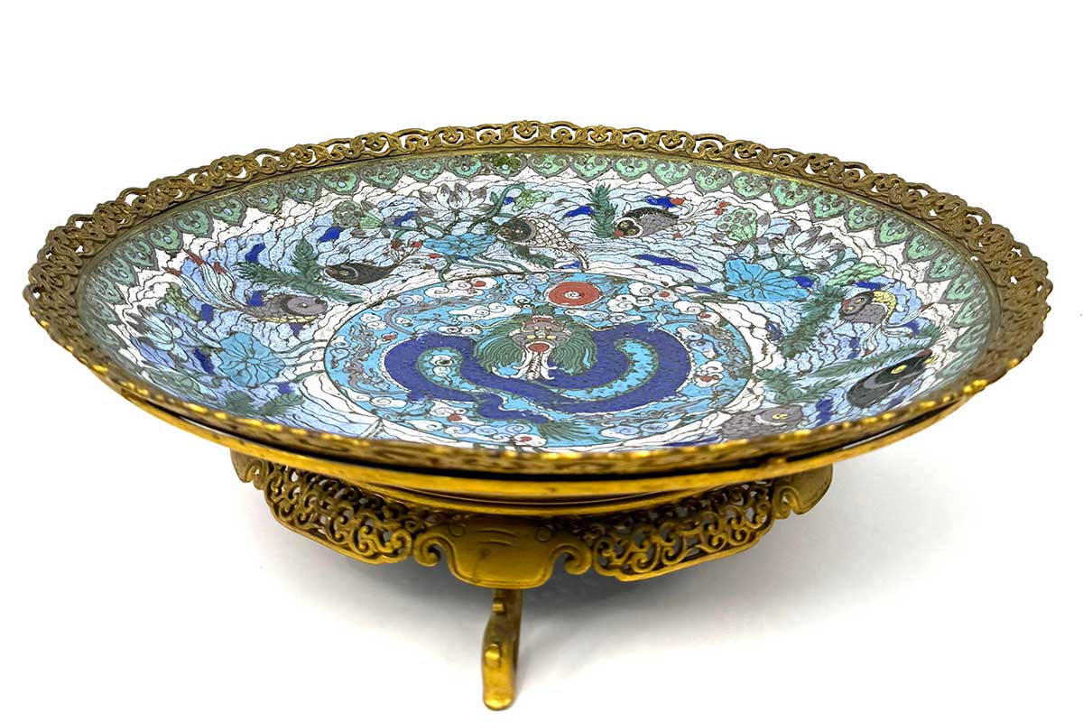 Attributed to Ferdinand Barbedienne, Champlevé Cloisonne Dragon Charger in Gilt Metal Trifooted Mount, 19th Century
