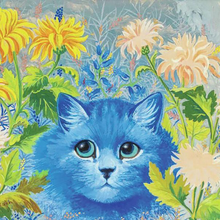 Louis Wain painting Blue Cat Among Flowers