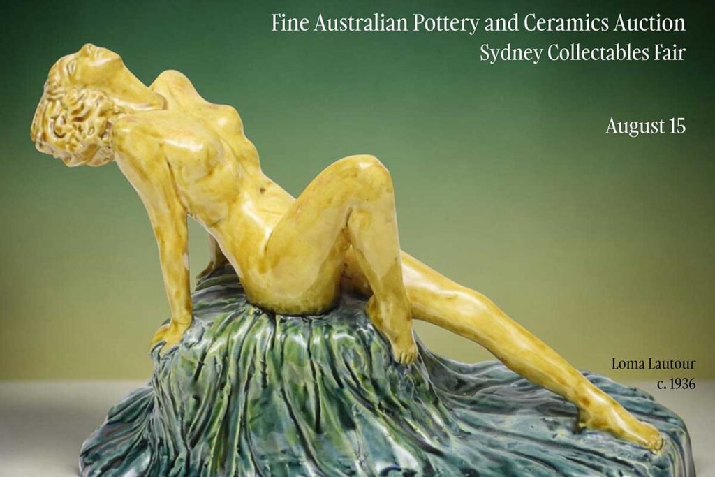 Art pottery sculpture of a reclining nude by Loma Lautour, on a naturalistic green glazed base, c.1936 at Graham Lancaster Auction